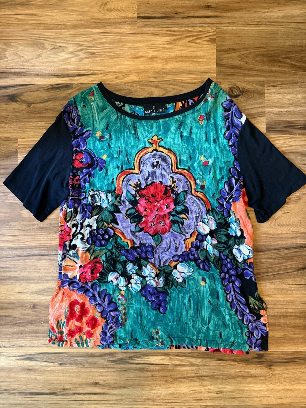 Carole Little Green Multi Floral Short Sleeve Tee with Black Sleeves